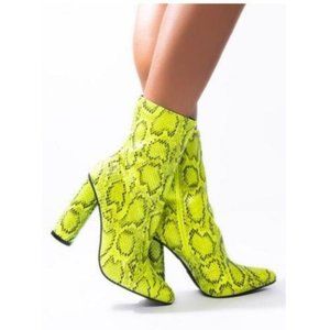Neon Yellow Snakeskin Chunky Heel Booties